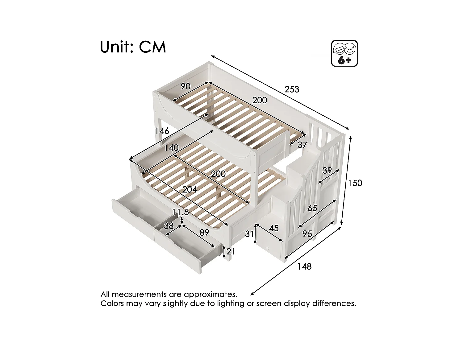 Lit superposé 90x200cm +140x200cm - escalier avec rangemen - avec 2 tiroirs - Bois massif + MDF - Blanc (sans matelas)