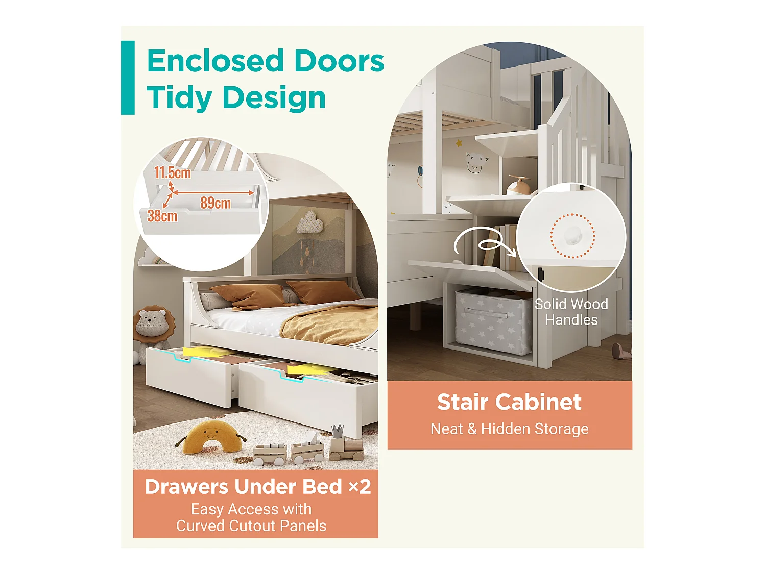 Lit superposé 90x200cm +140x200cm - escalier avec rangemen - avec 2 tiroirs - Bois massif + MDF - Blanc (sans matelas)