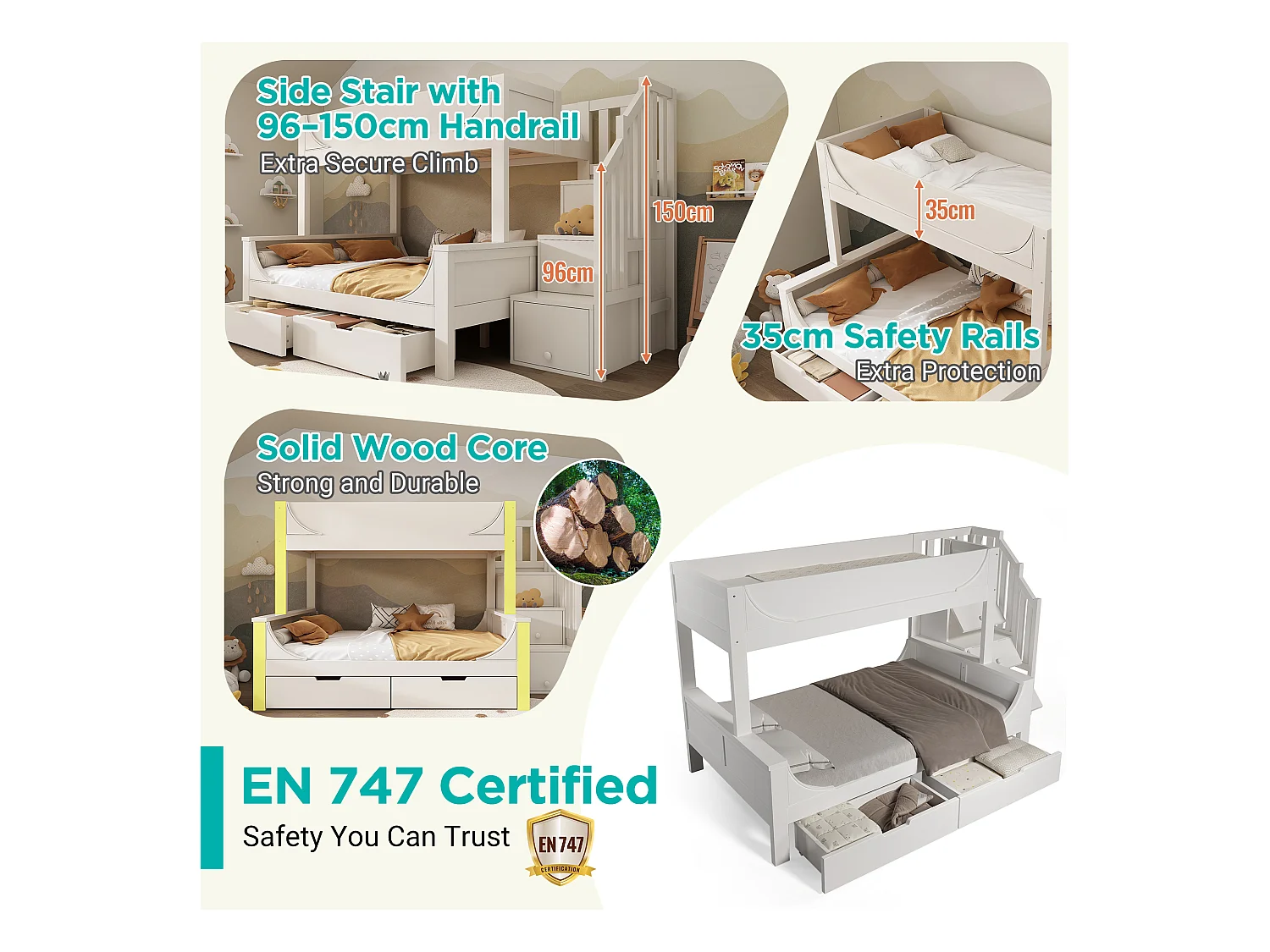 Lit superposé 90x200cm +140x200cm - escalier avec rangemen - avec 2 tiroirs - Bois massif + MDF - Blanc (sans matelas)