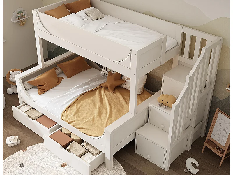 Etagenbett 90×200 cm +140×200 cm - Treppe mit Stauraum - mit 2 Schubladen - Massivholz + MDF - Weiß (ohne Matratze)