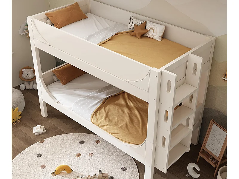 Stapelbed 90×200 cm - splitsbaar in 2 eenpersoonsbedden - met afneembare ladder - Massief hout + MDF - Wit (zonder matras)