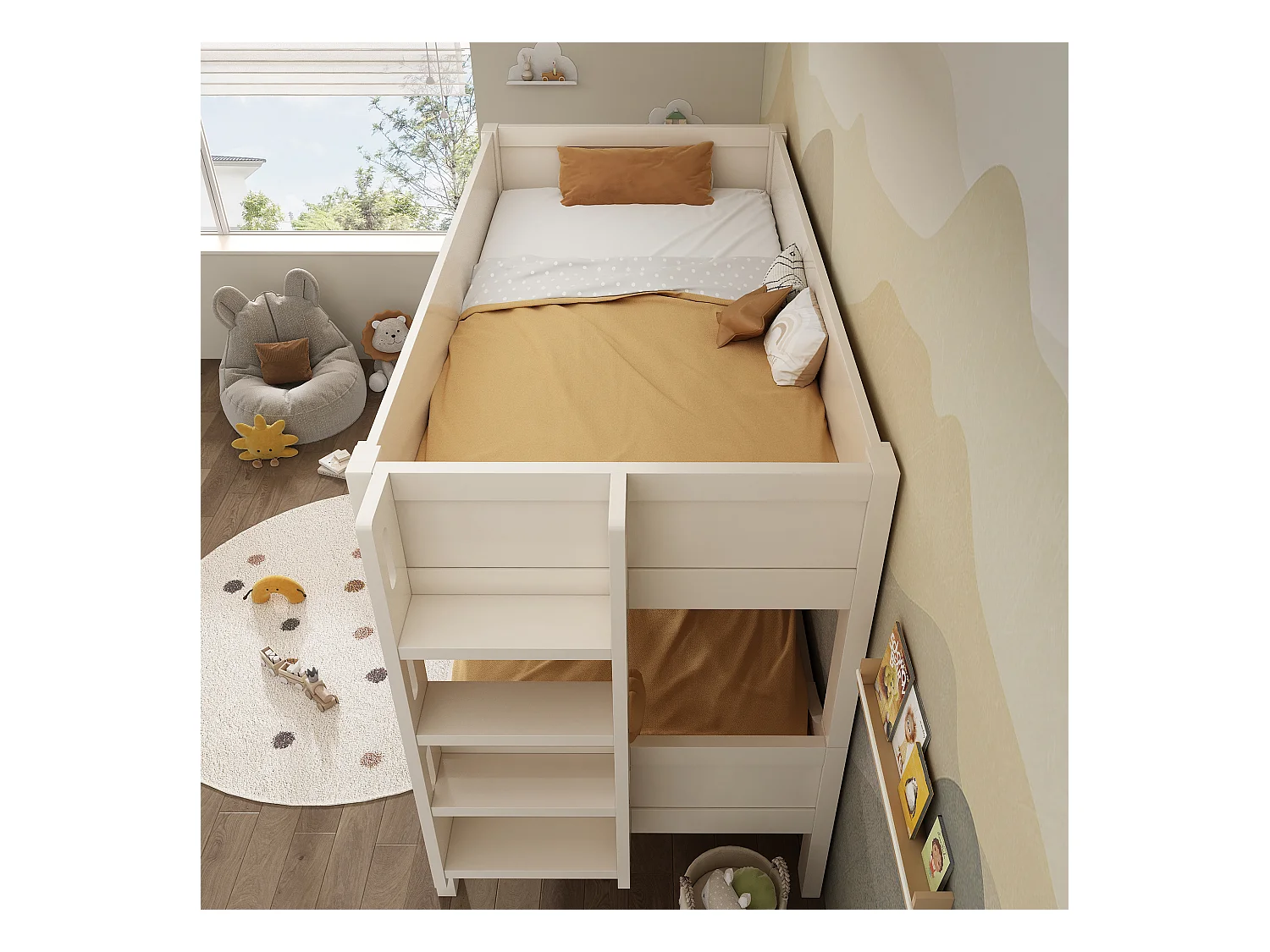 Lit superposé 90x200cm - peut être divisé en 2 lits simples - avec échelle amovible - Bois massif + MDF - Blanc (sans matelas)