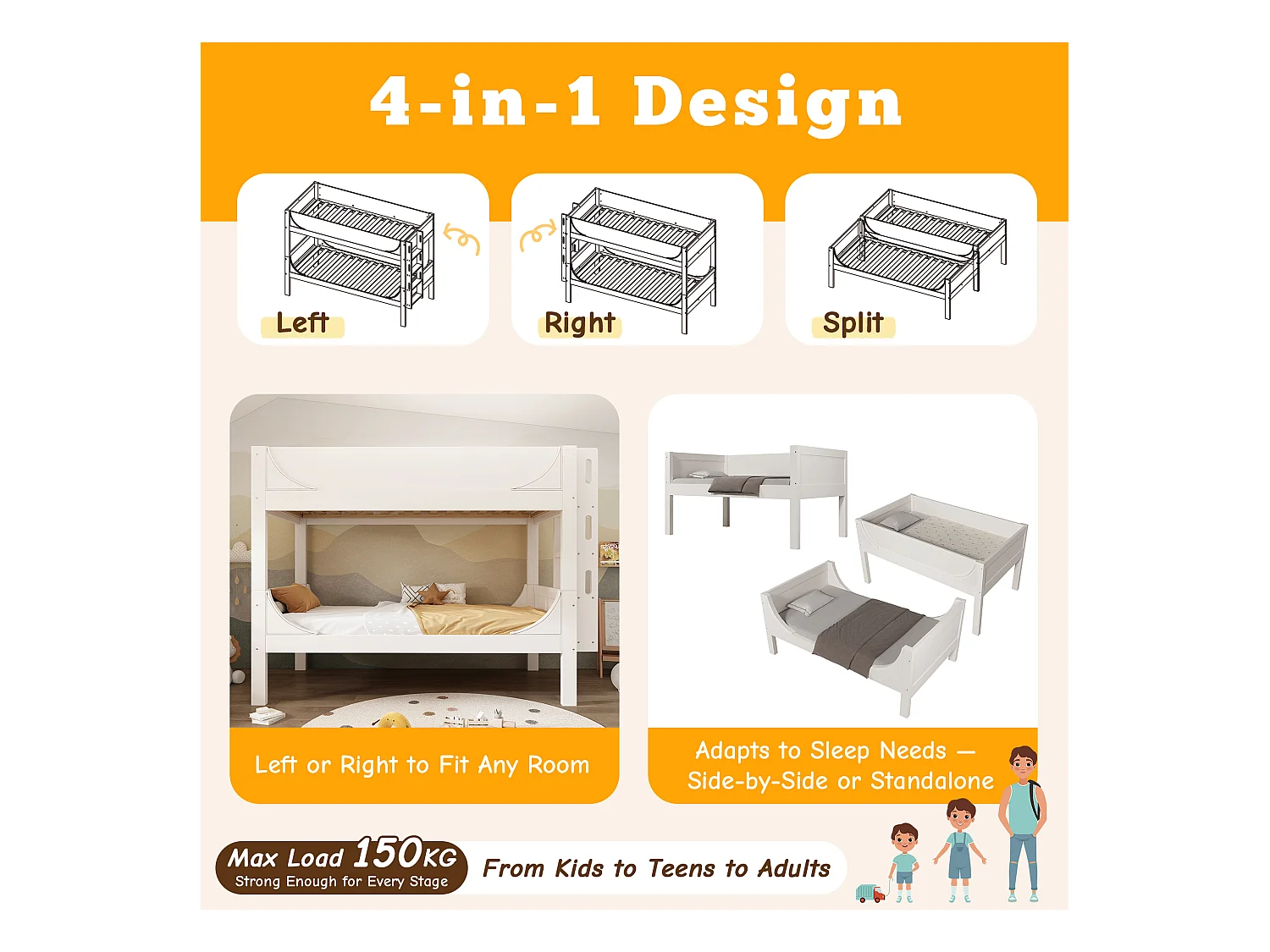 Lit superposé 90x200cm - peut être divisé en 2 lits simples - avec échelle amovible - Bois massif + MDF - Blanc (sans matelas)