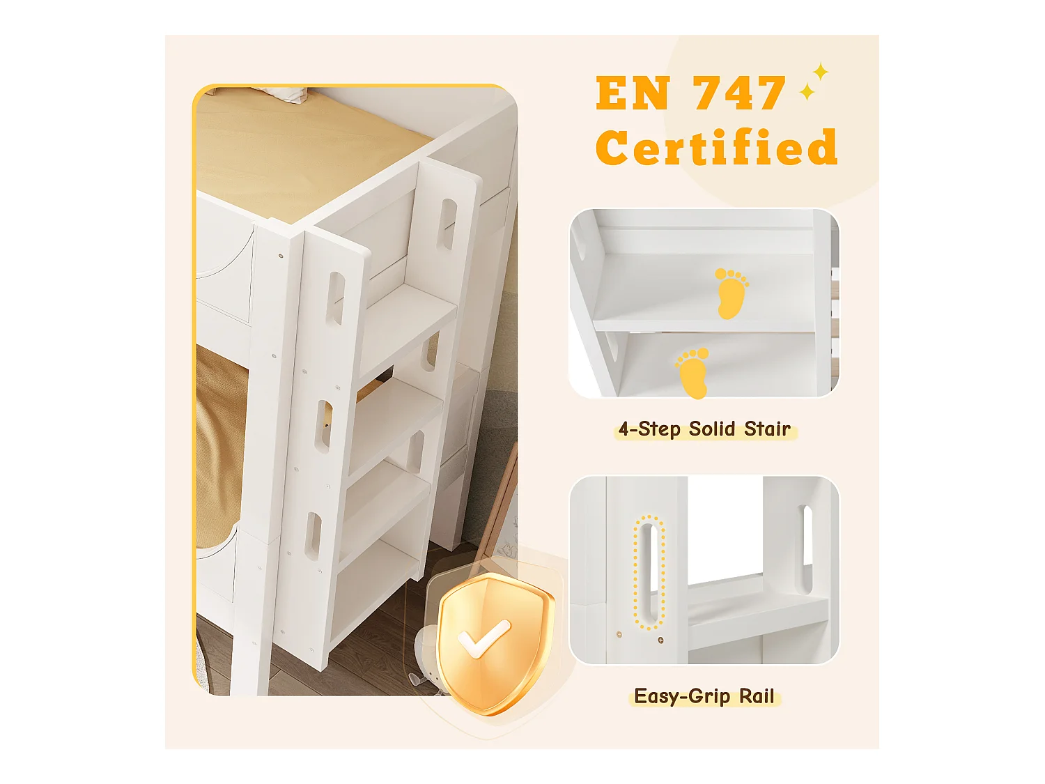 Lit superposé 90x200cm - peut être divisé en 2 lits simples - avec échelle amovible - Bois massif + MDF - Blanc (sans matelas)