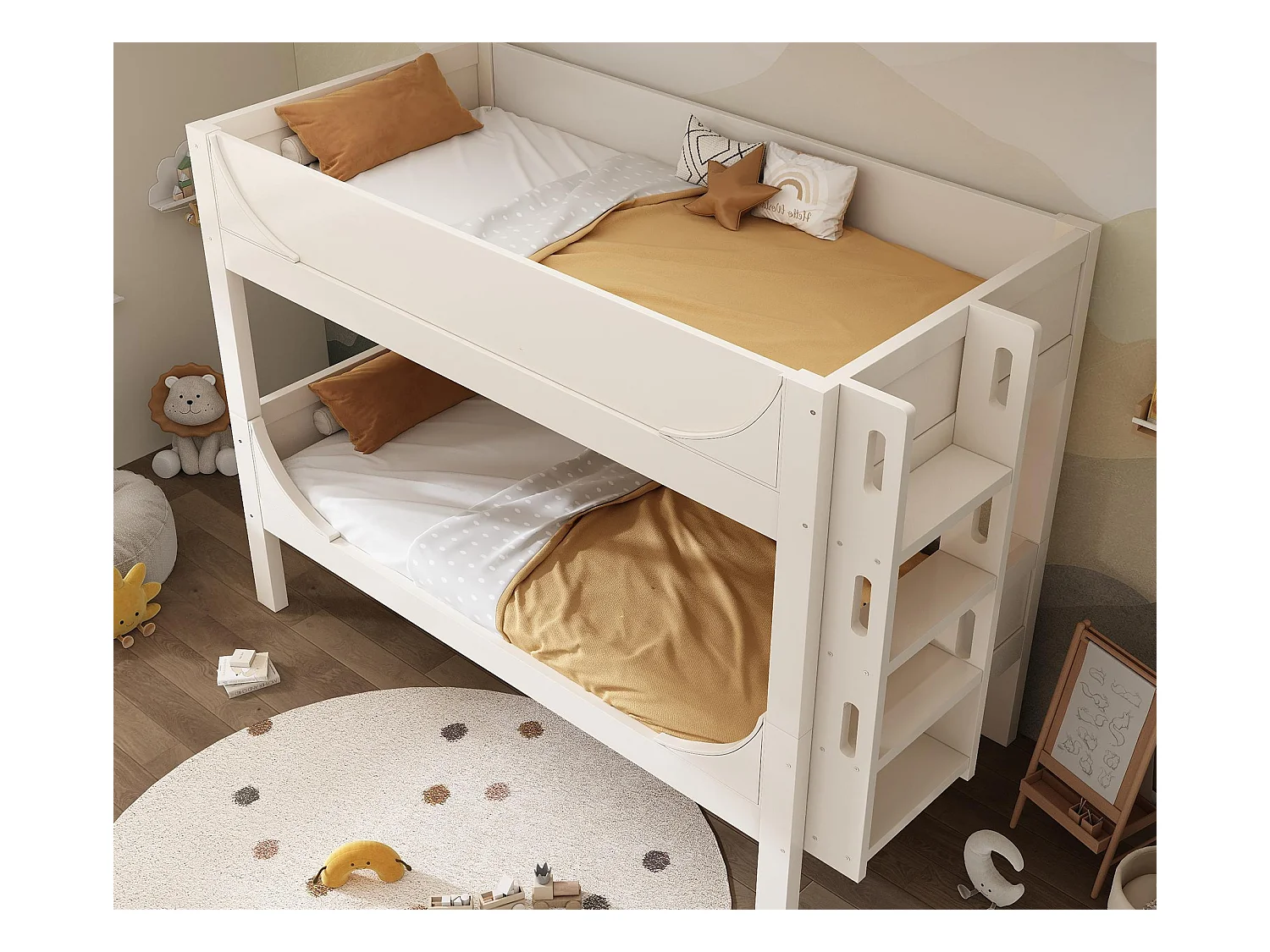 Etagenbett 90×200 cm - teilbar in 2 Einzelbetten - mit abnehmbarer Leiter - Massivholz + MDF - Weiß (ohne Matratze)