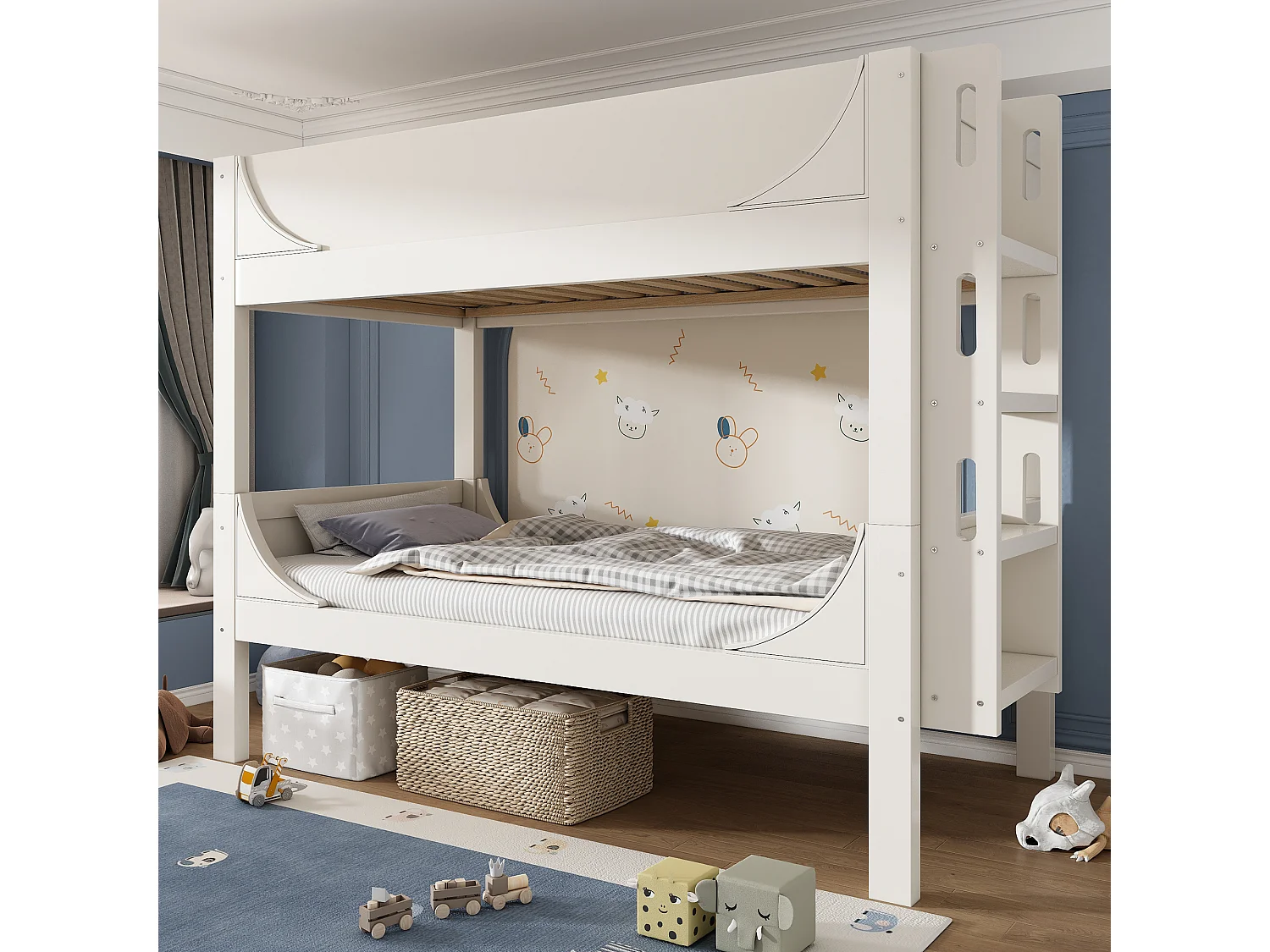 Etagenbett 90×200 cm - teilbar in 2 Einzelbetten - mit abnehmbarer Leiter - Massivholz + MDF - Weiß (ohne Matratze)