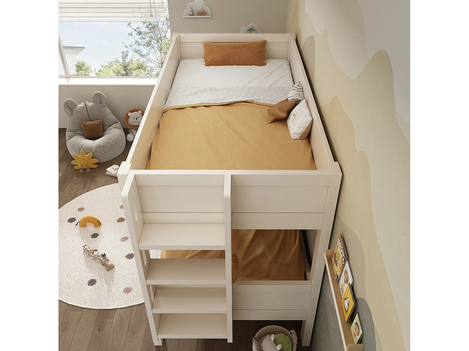 Etagenbett 90×200 cm - teilbar in 2 Einzelbetten - mit abnehmbarer Leiter - Massivholz + MDF - Weiß (ohne Matratze)