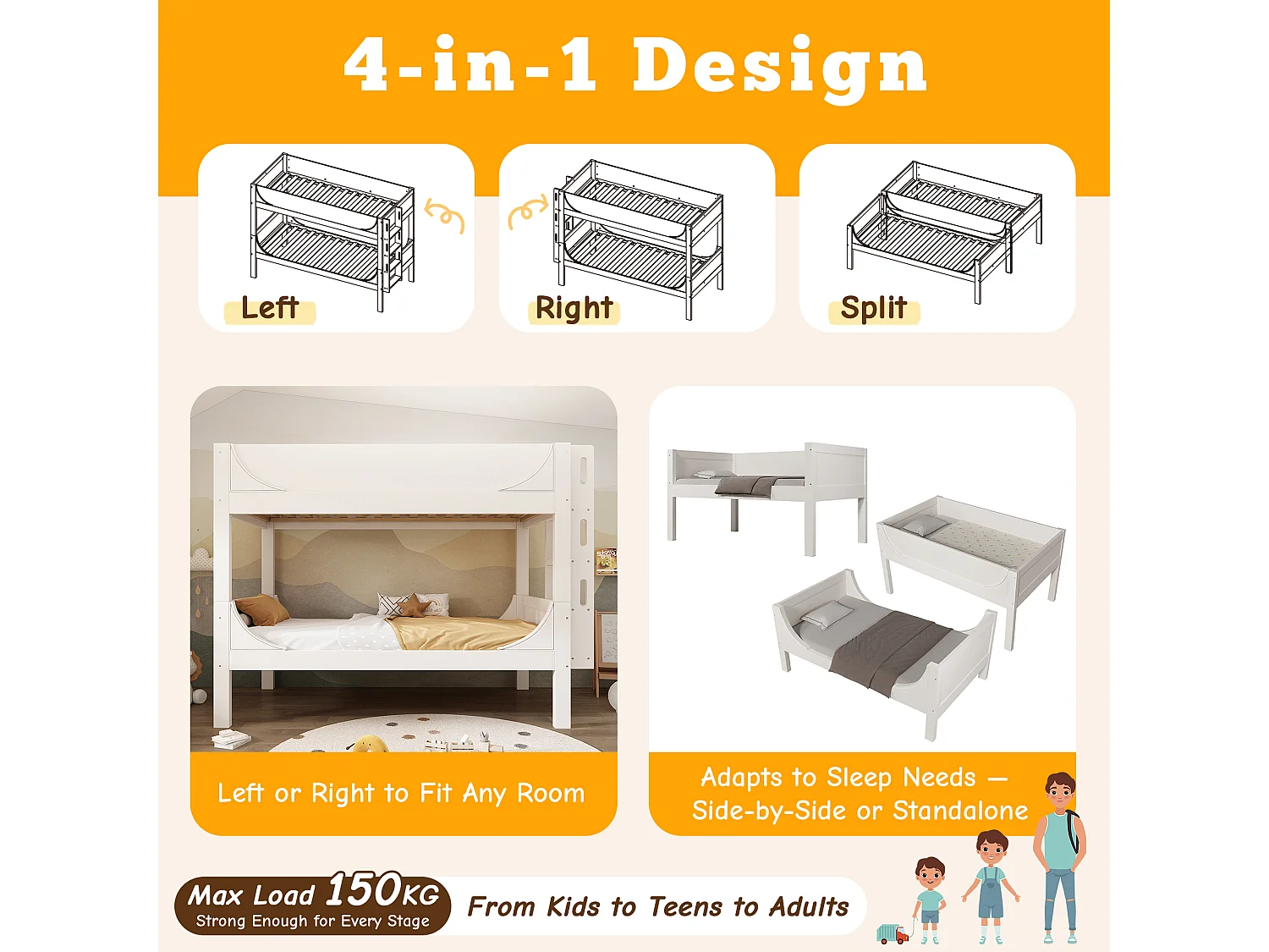 Etagenbett 90×200 cm - teilbar in 2 Einzelbetten - mit abnehmbarer Leiter - Massivholz + MDF - Weiß (ohne Matratze)