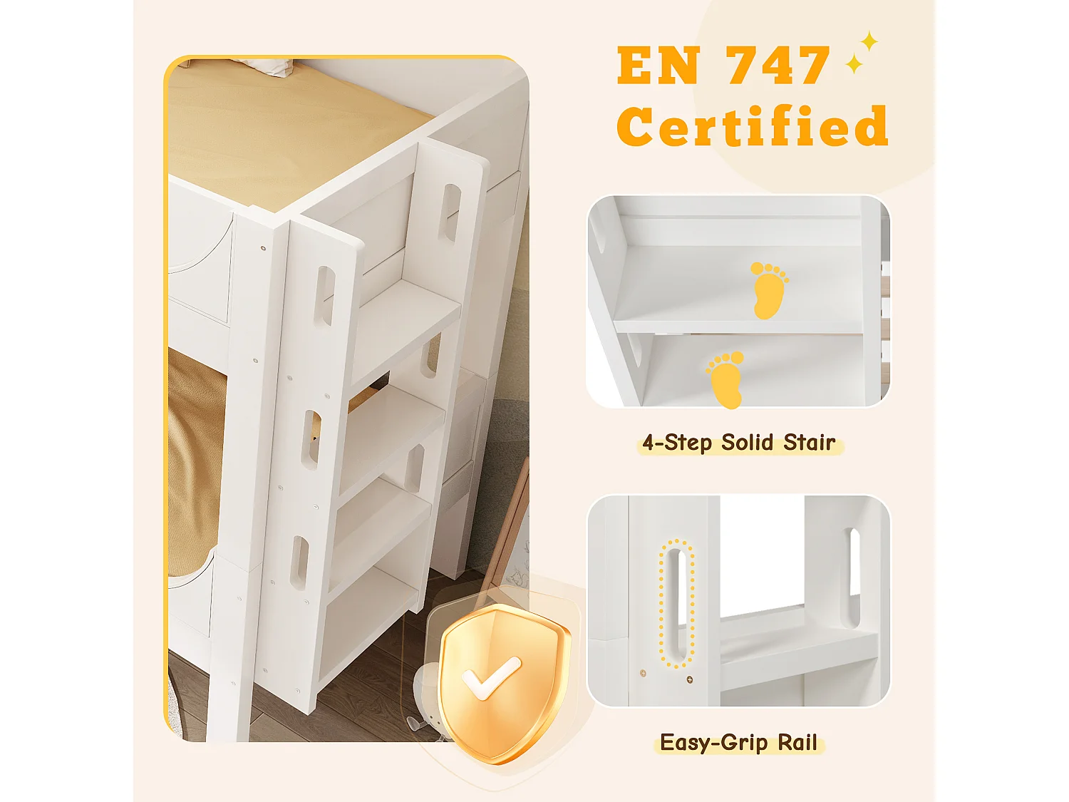 Etagenbett 90×200 cm - teilbar in 2 Einzelbetten - mit abnehmbarer Leiter - Massivholz + MDF - Weiß (ohne Matratze)