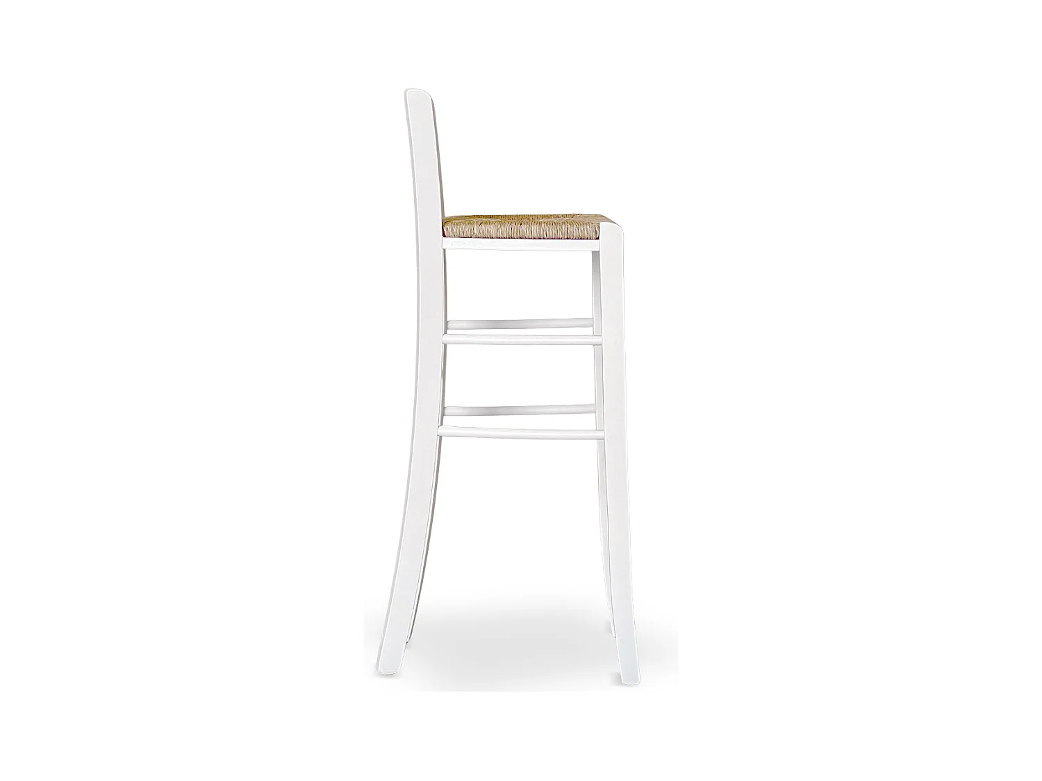 Paire de tabourets en bois blanc de 80 cm de haut avec dossier et assise en paille