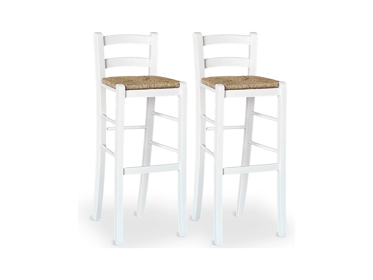 Paar 80 cm hoge witte houten krukken met rieten rugleuning en zitting