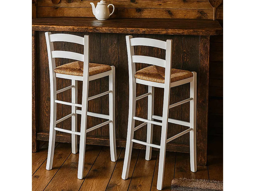 Paire de tabourets en bois blanc de 80 cm de haut avec dossier et assise en paille