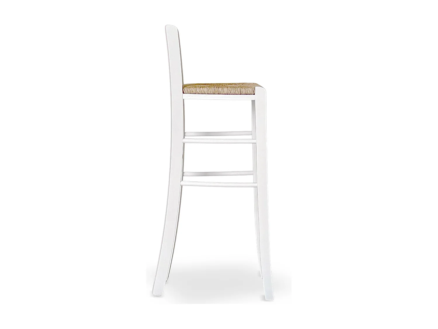 Paire de tabourets en bois blanc de 80 cm de haut avec dossier et assise en paille