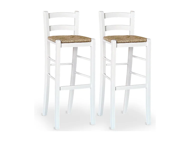 Paire de tabourets en bois blanc de 80 cm de haut avec dossier et assise en paille
