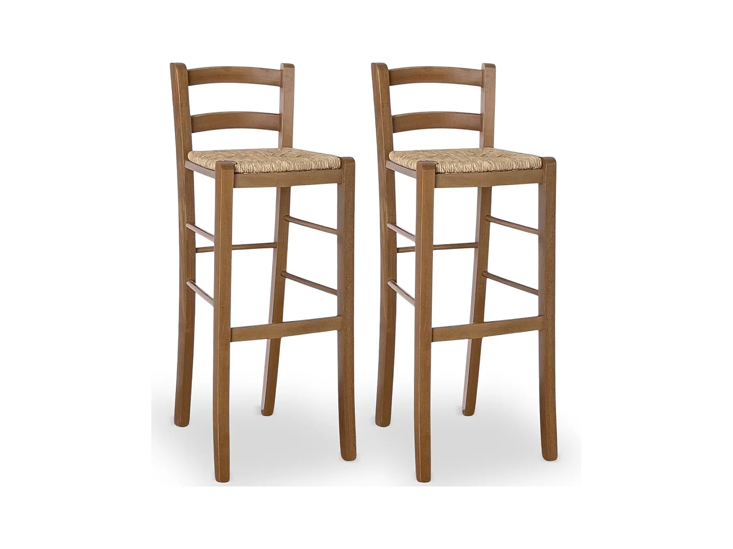 Lot de 2 tabourets de bar de 80 cm de haut en bois de noyer clair avec dossier et assise en paille.