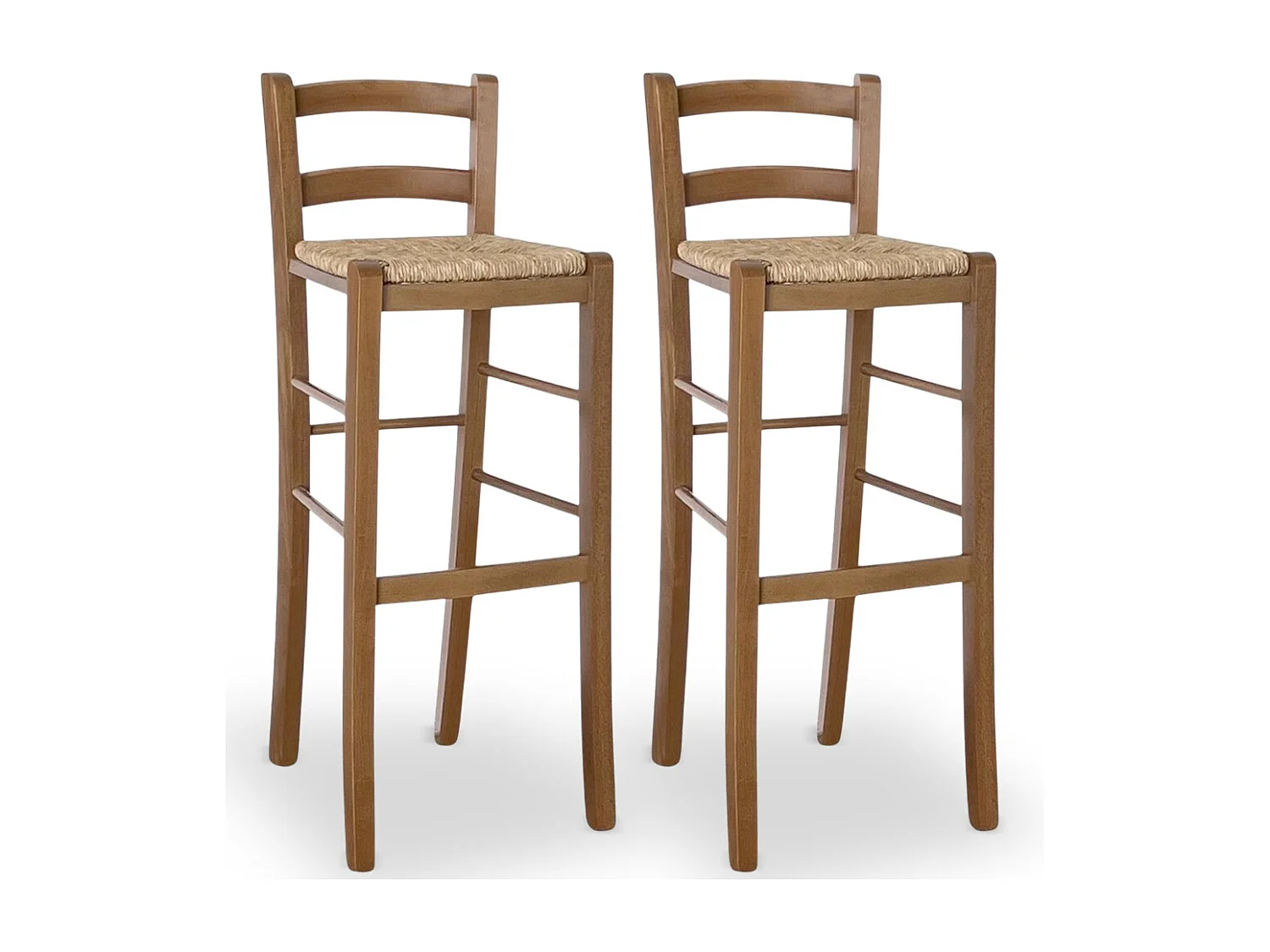 Lot de 2 tabourets de bar de 80 cm de haut en bois de noyer clair avec dossier et assise en paille.