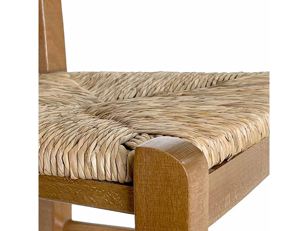 Lot de 2 tabourets de bar de 80 cm de haut en bois de noyer clair avec dossier et assise en paille.