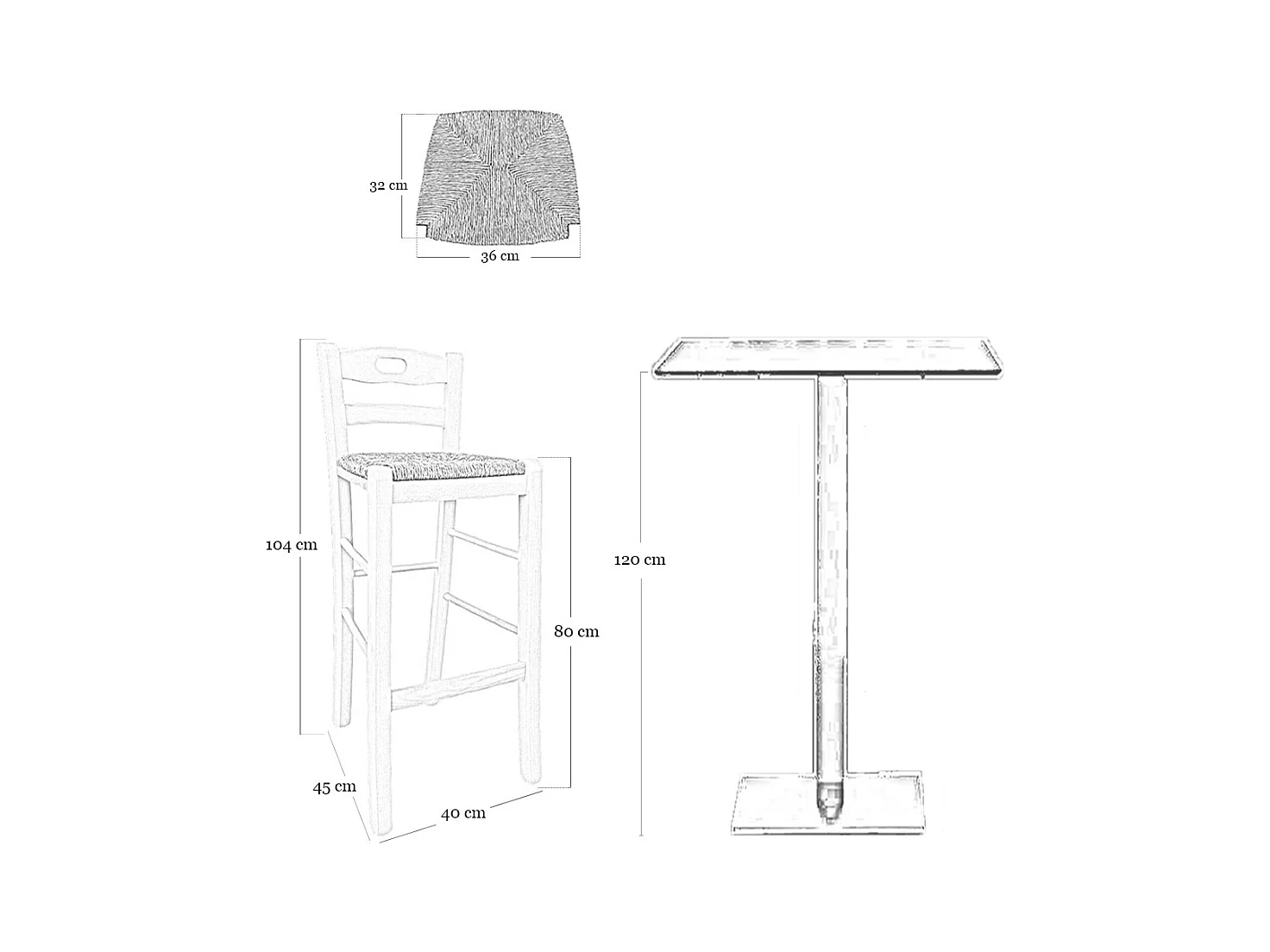 Paire de tabourets de bar en bois blanc de 80 cm de haut avec assise et poignée en paille.