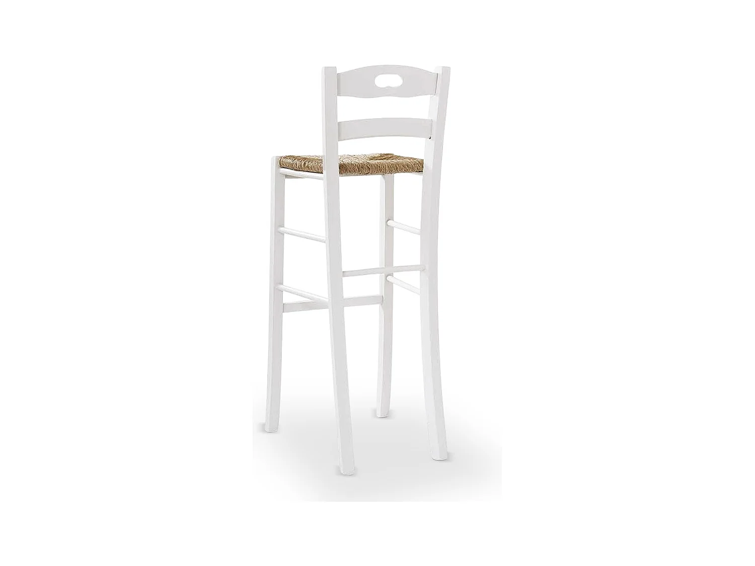 Paire de tabourets de bar en bois blanc de 80 cm de haut avec assise et poignée en paille.