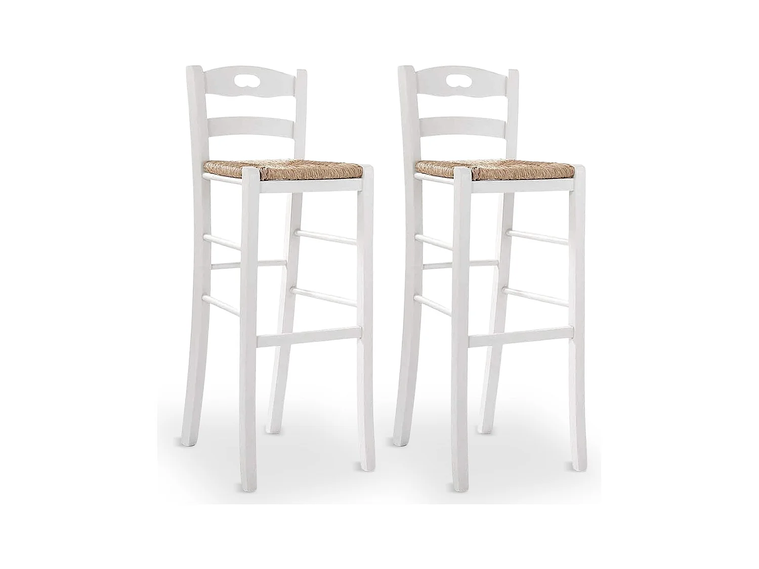 Paar 80 cm hoge witte houten barkrukken met rieten zitting en handgreep.