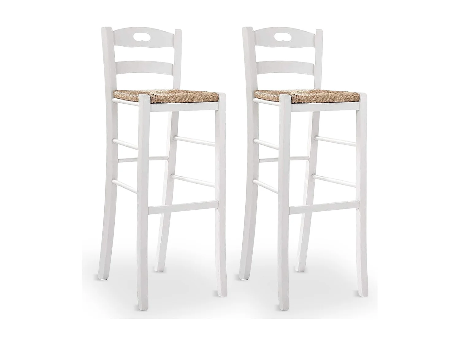 Paire de tabourets de bar en bois blanc de 80 cm de haut avec assise et poignée en paille.