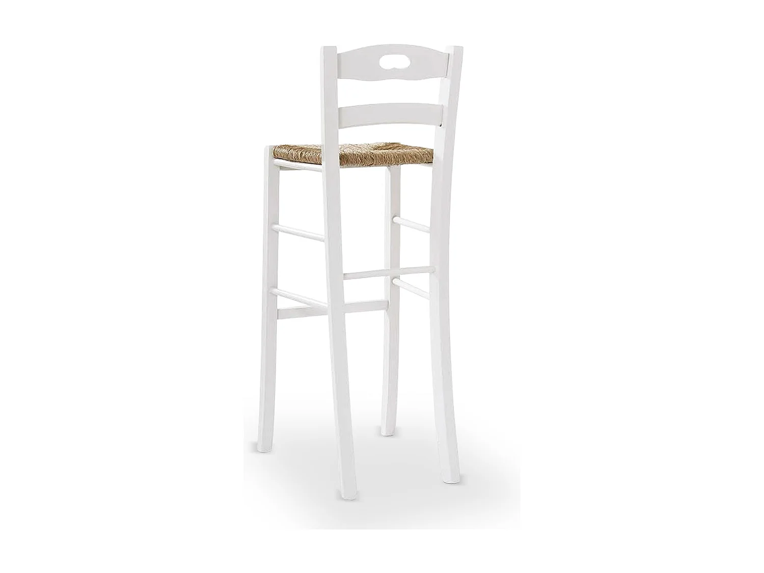 Paire de tabourets de bar en bois blanc de 80 cm de haut avec assise et poignée en paille.