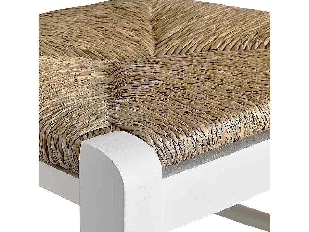 Paire de tabourets de bar en bois blanc de 80 cm de haut avec assise et poignée en paille.