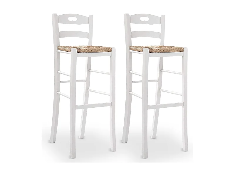 Paire de tabourets de bar en bois blanc de 80 cm de haut avec assise et poignée en paille.