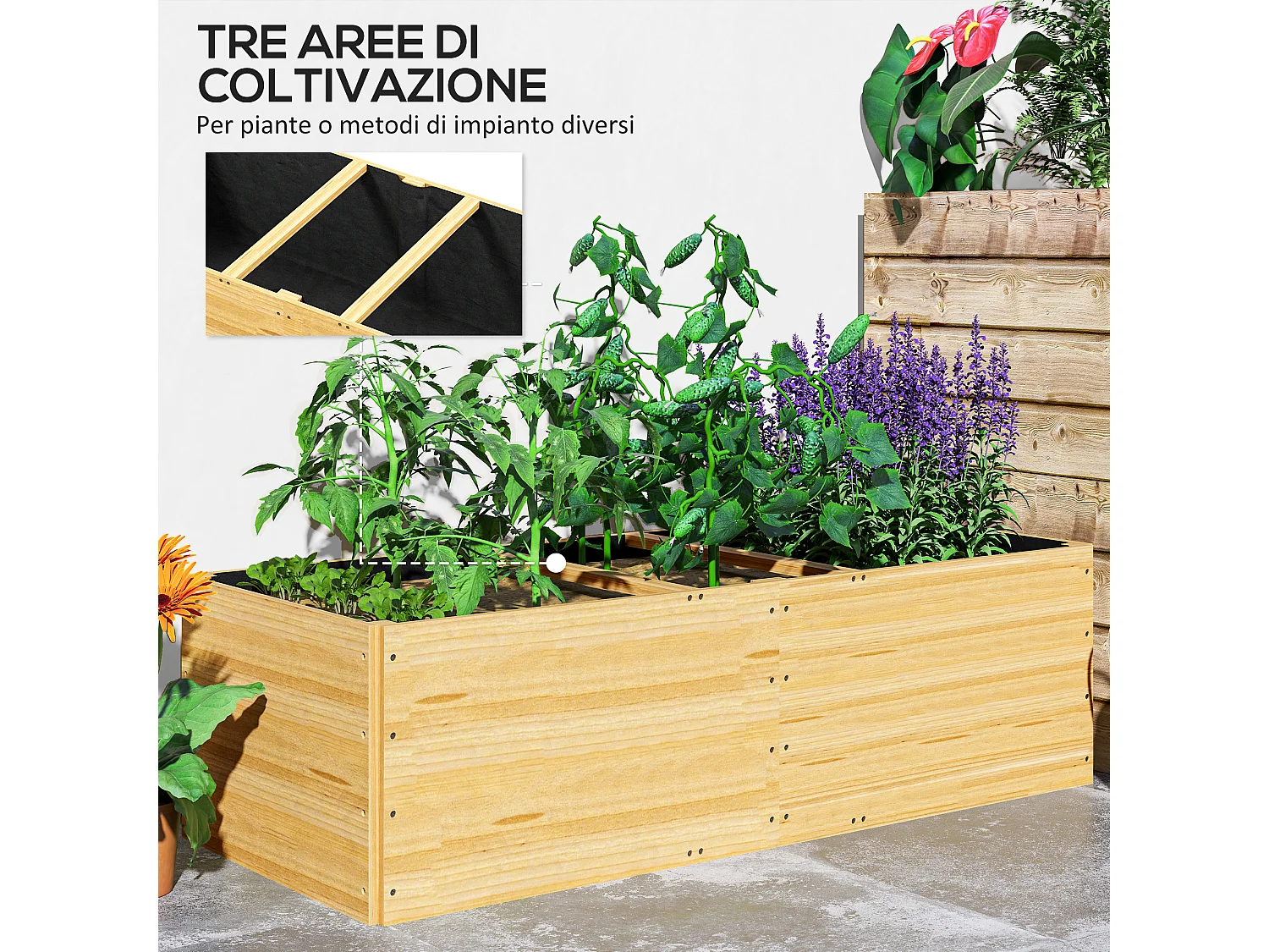 Fioriera da esterno in legno divisa in 3 aree con tessuto non tessuto