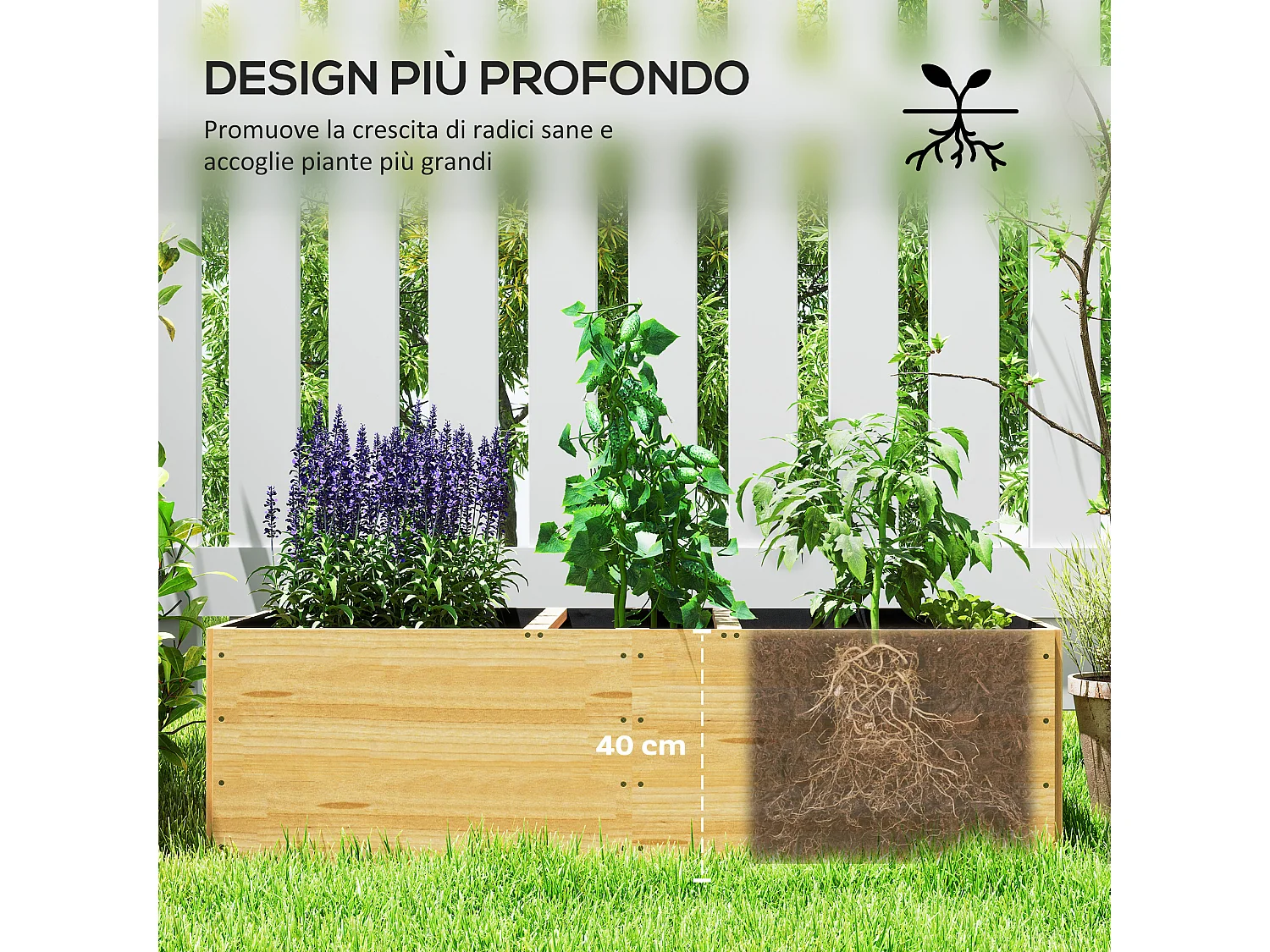 Fioriera da esterno in legno divisa in 3 aree con tessuto non tessuto