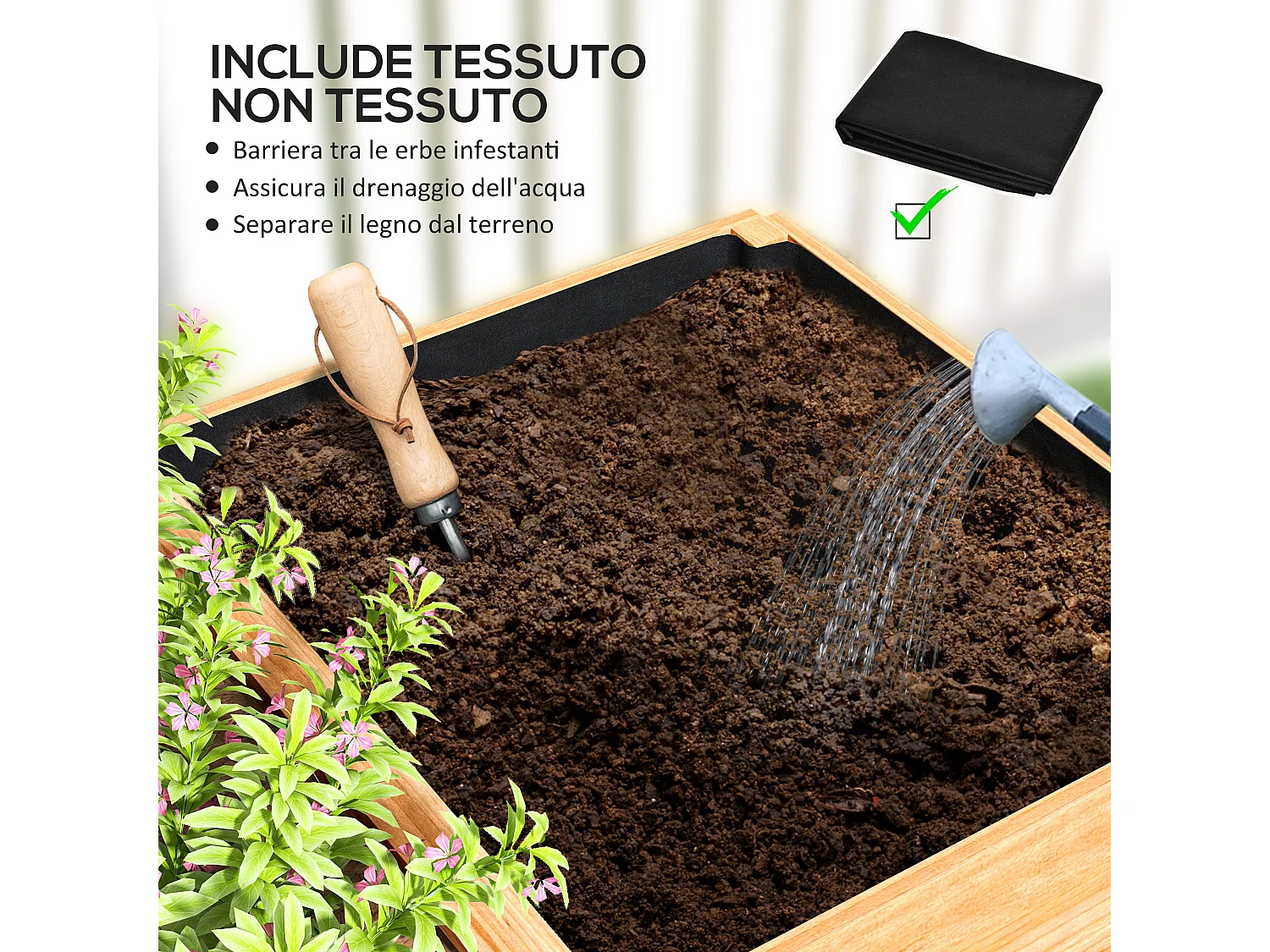 Fioriera da esterno in legno divisa in 3 aree con tessuto non tessuto