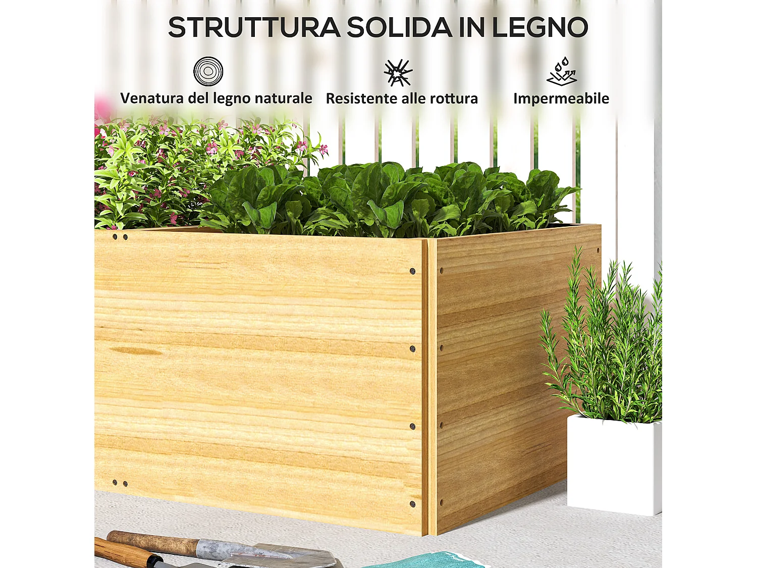 Fioriera da esterno in legno divisa in 3 aree con tessuto non tessuto