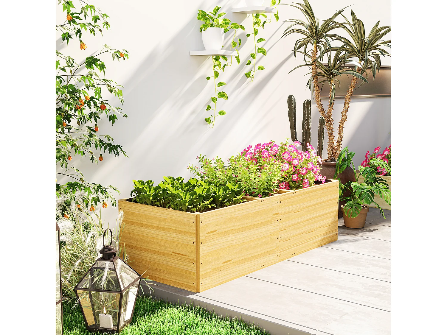 Fioriera da esterno in legno divisa in 3 aree con tessuto non tessuto