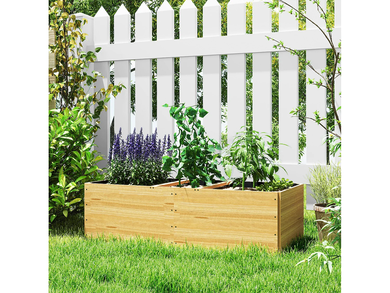 Fioriera da esterno in legno divisa in 3 aree con tessuto non tessuto