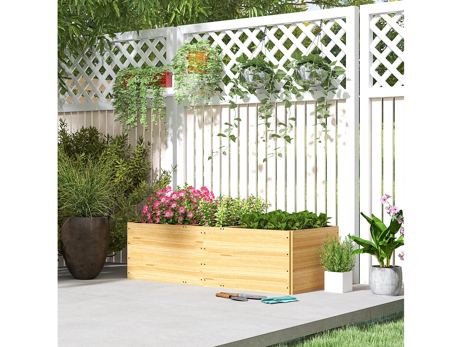 Fioriera da esterno in legno divisa in 3 aree con tessuto non tessuto