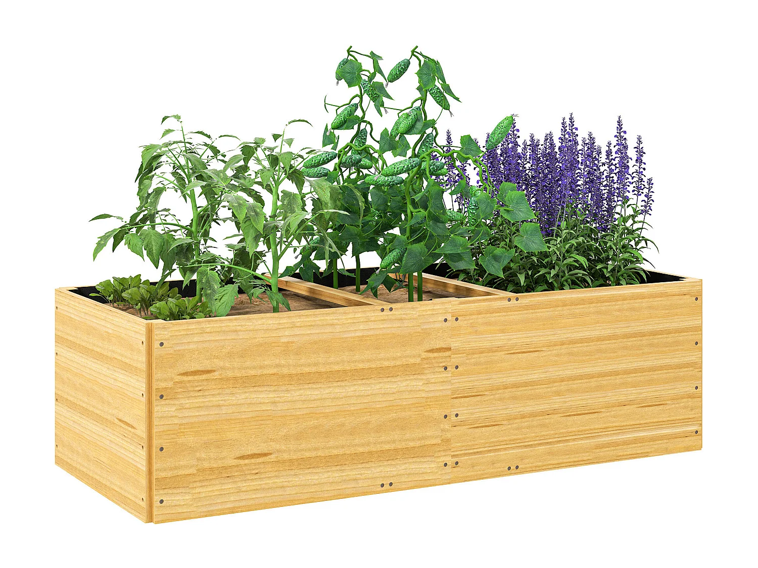 Fioriera da esterno in legno divisa in 3 aree con tessuto non tessuto