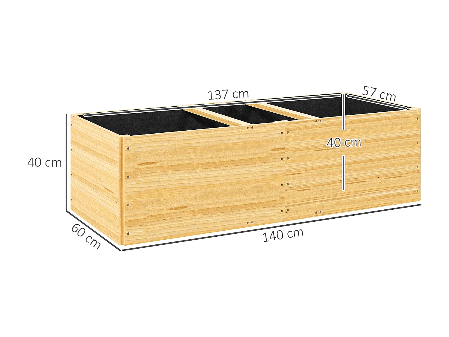 Fioriera da esterno in legno divisa in 3 aree con tessuto non tessuto