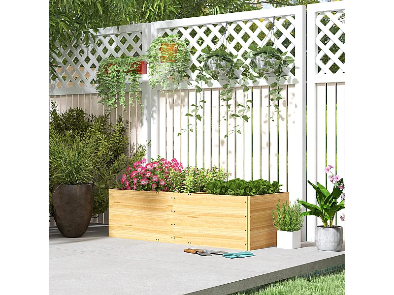 Fioriera da esterno in legno divisa in 3 aree con tessuto non tessuto