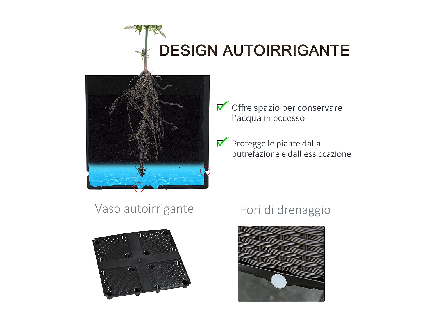 Fioriera da esterno con vaso autoirrigante metallo marrone nero