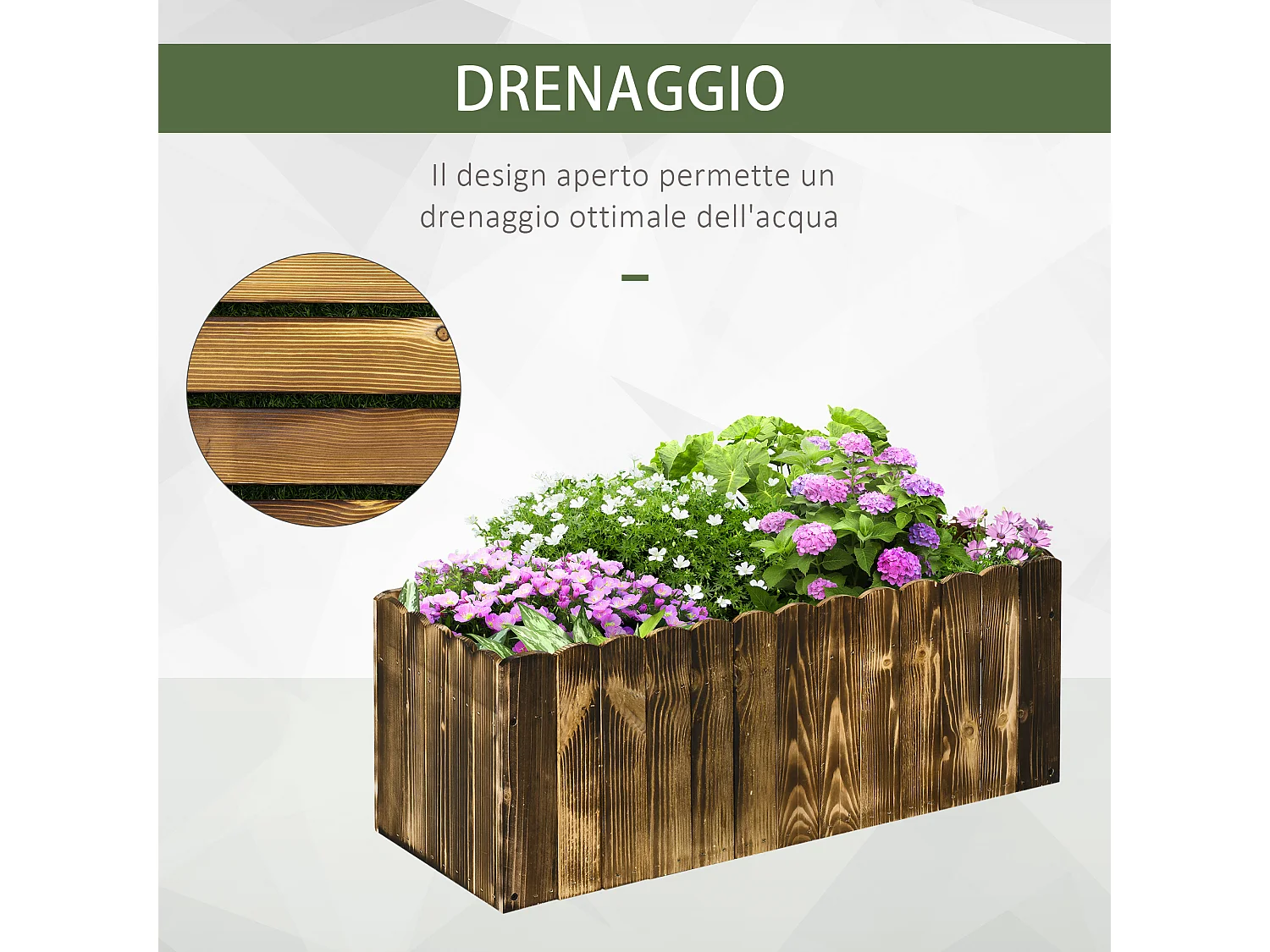 Fioriera da giardino rettangolare per piante e fiori in legno di abete