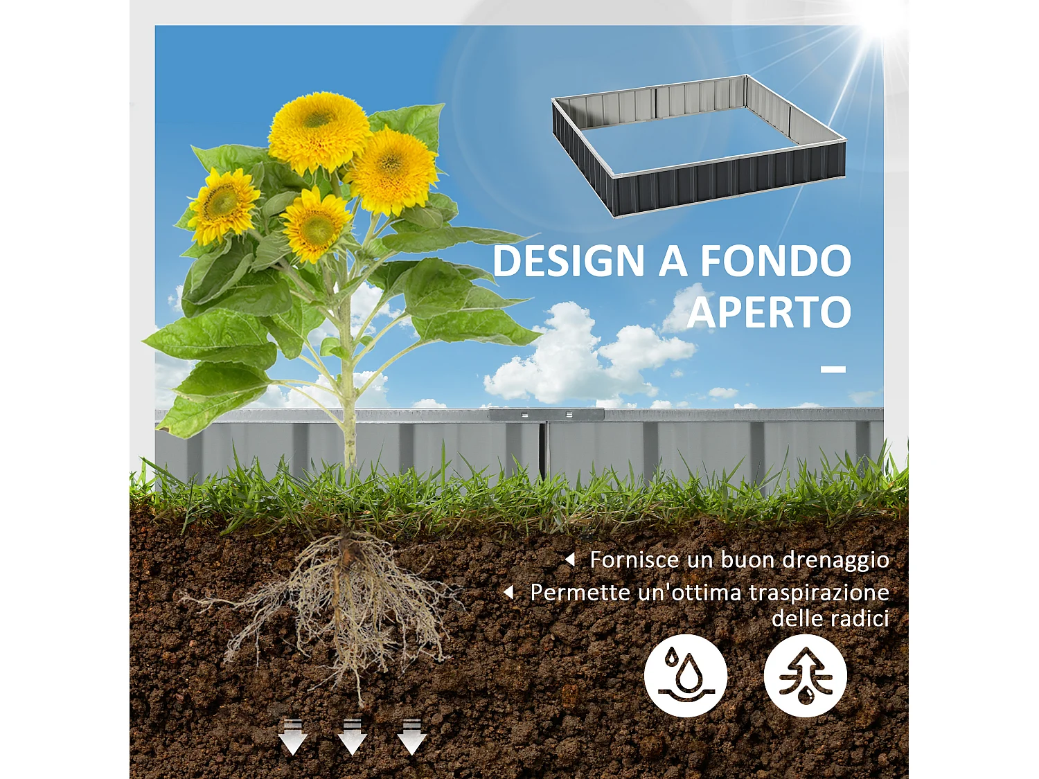 Aiuola rialzata modulabile e senza fondo in acciaio grigio scuro