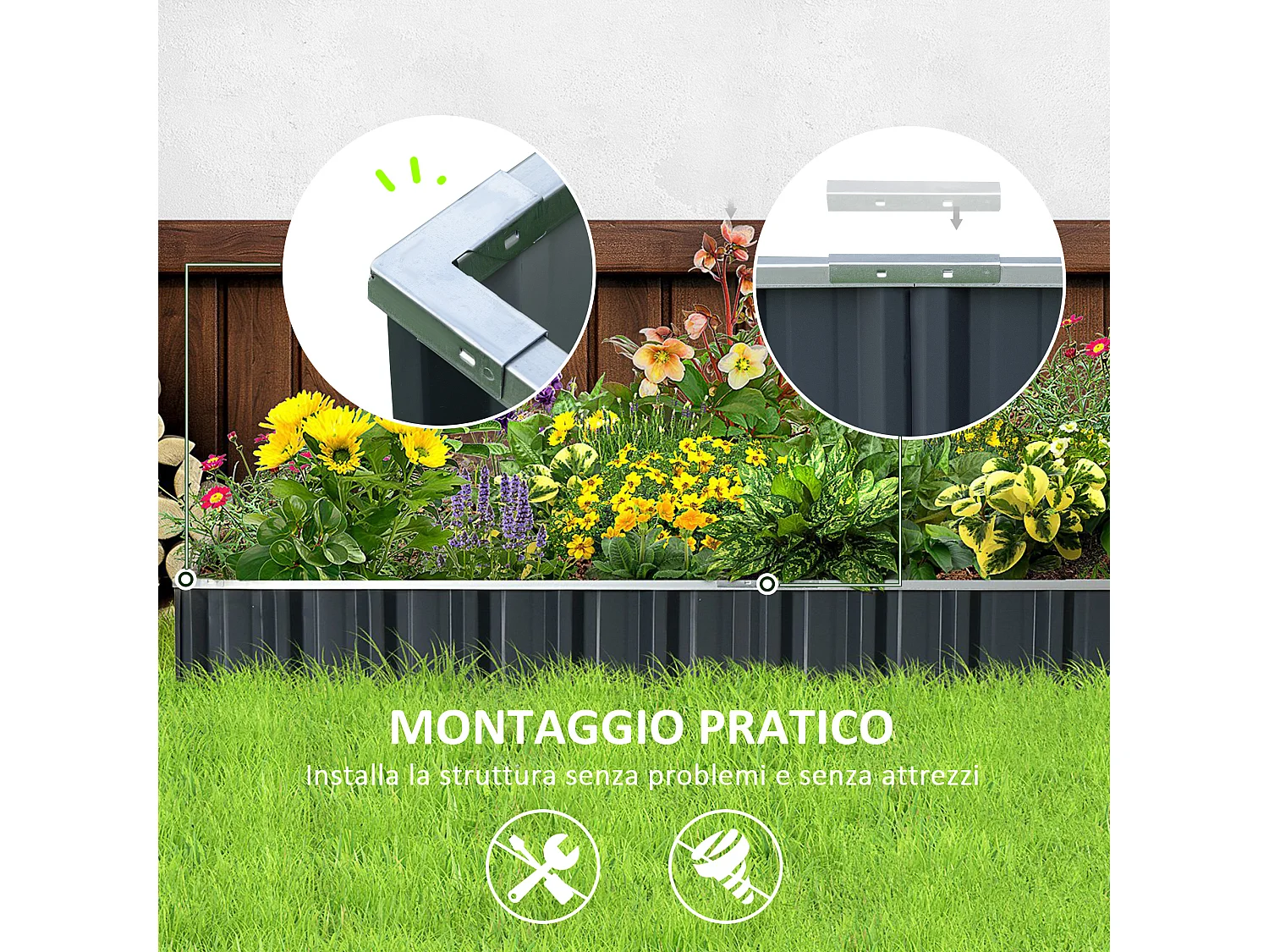 Aiuola rialzata modulabile e senza fondo in acciaio grigio scuro