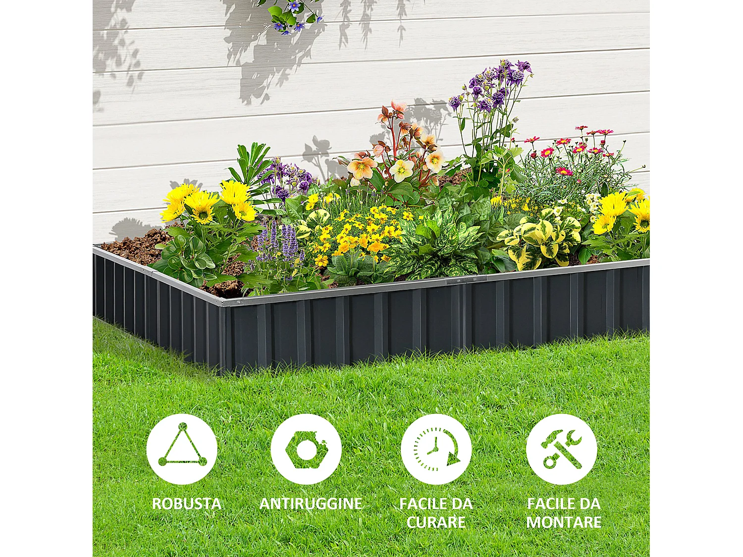 Aiuola rialzata modulabile e senza fondo in acciaio grigio scuro