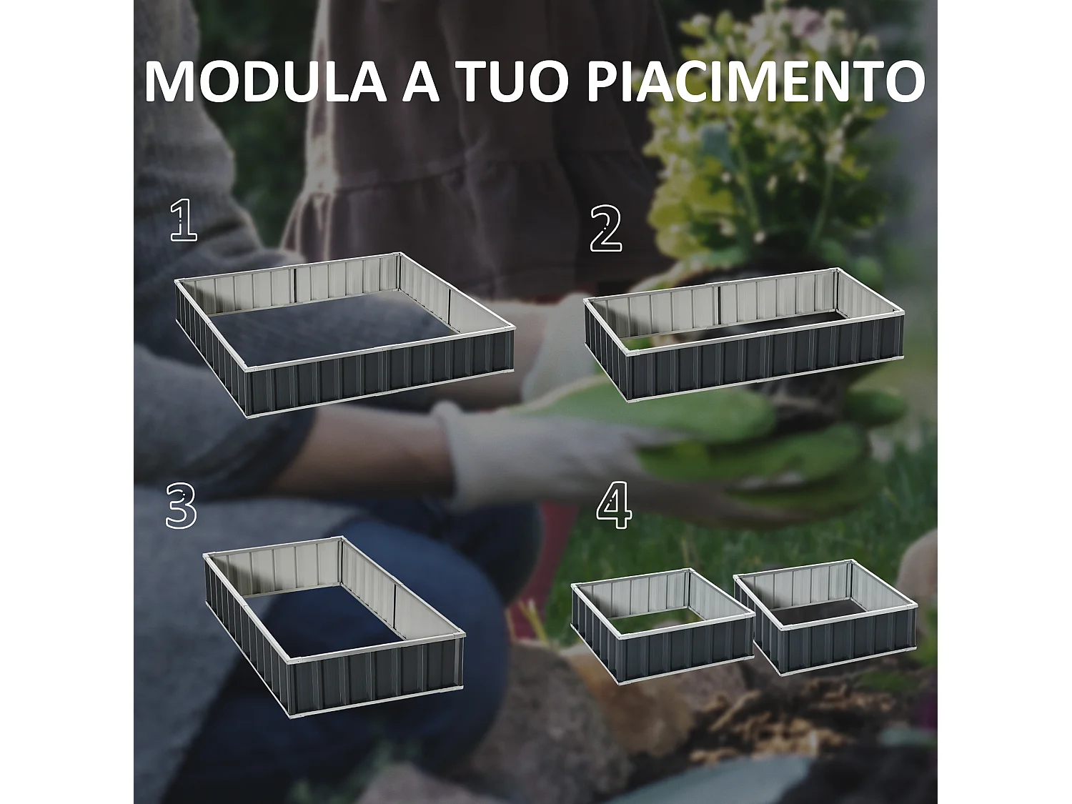 Aiuola rialzata modulabile e senza fondo in acciaio grigio scuro