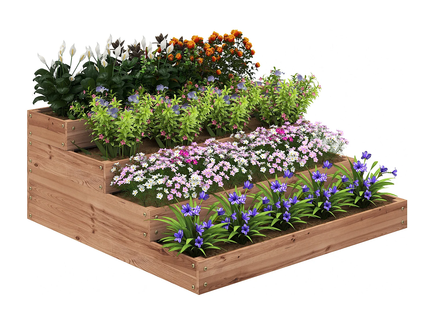 Letto per orto rialzato a 4 livelli con fondo aperto in legno marrone