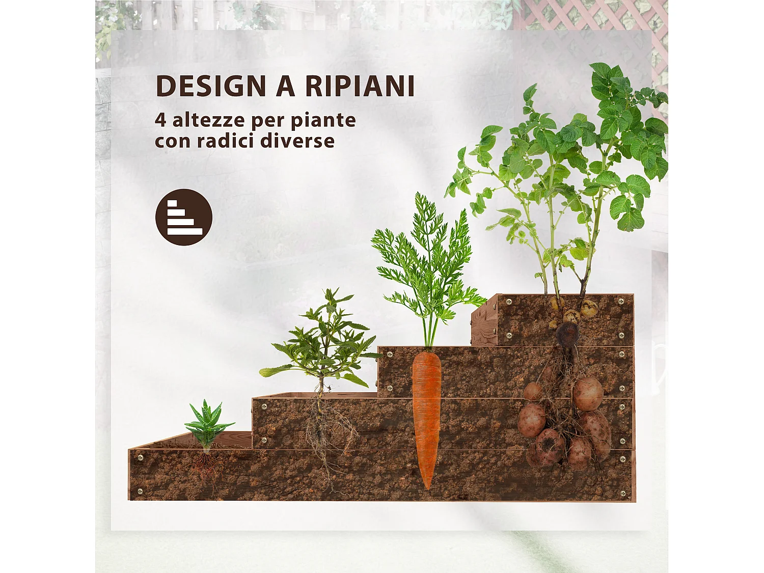 Letto per orto rialzato a 4 livelli con fondo aperto in legno marrone