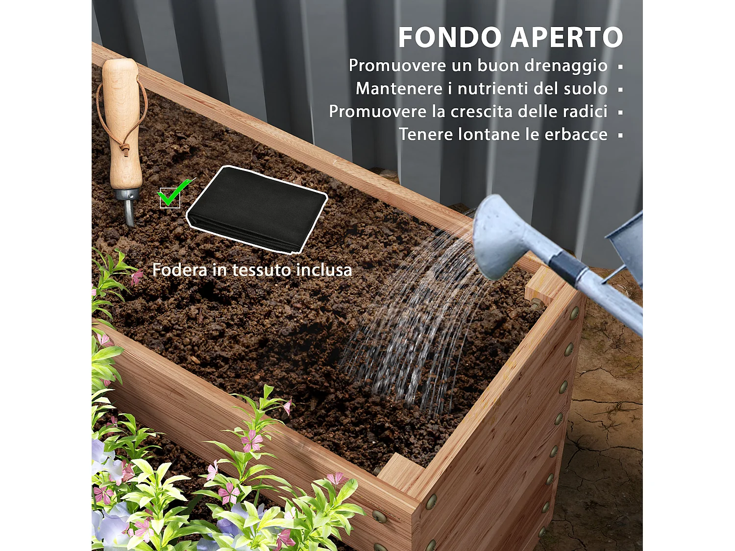 Letto per orto rialzato a 4 livelli con fondo aperto in legno marrone