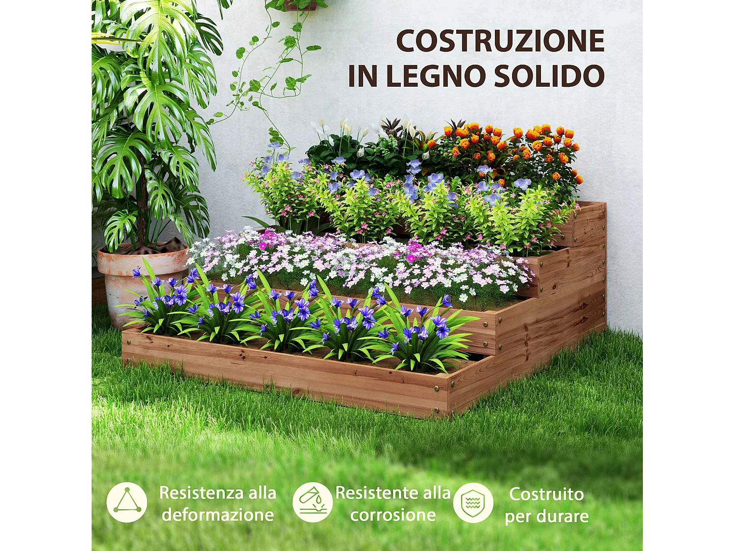 Letto per orto rialzato a 4 livelli con fondo aperto in legno marrone