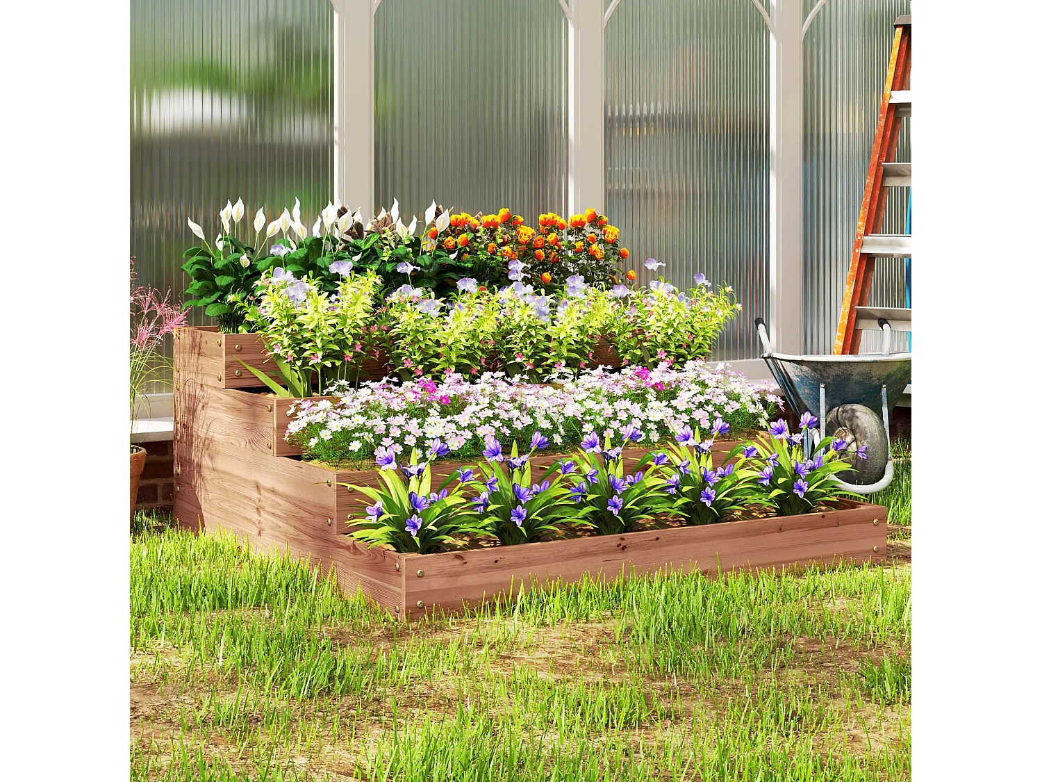 Letto per orto rialzato a 4 livelli con fondo aperto in legno marrone
