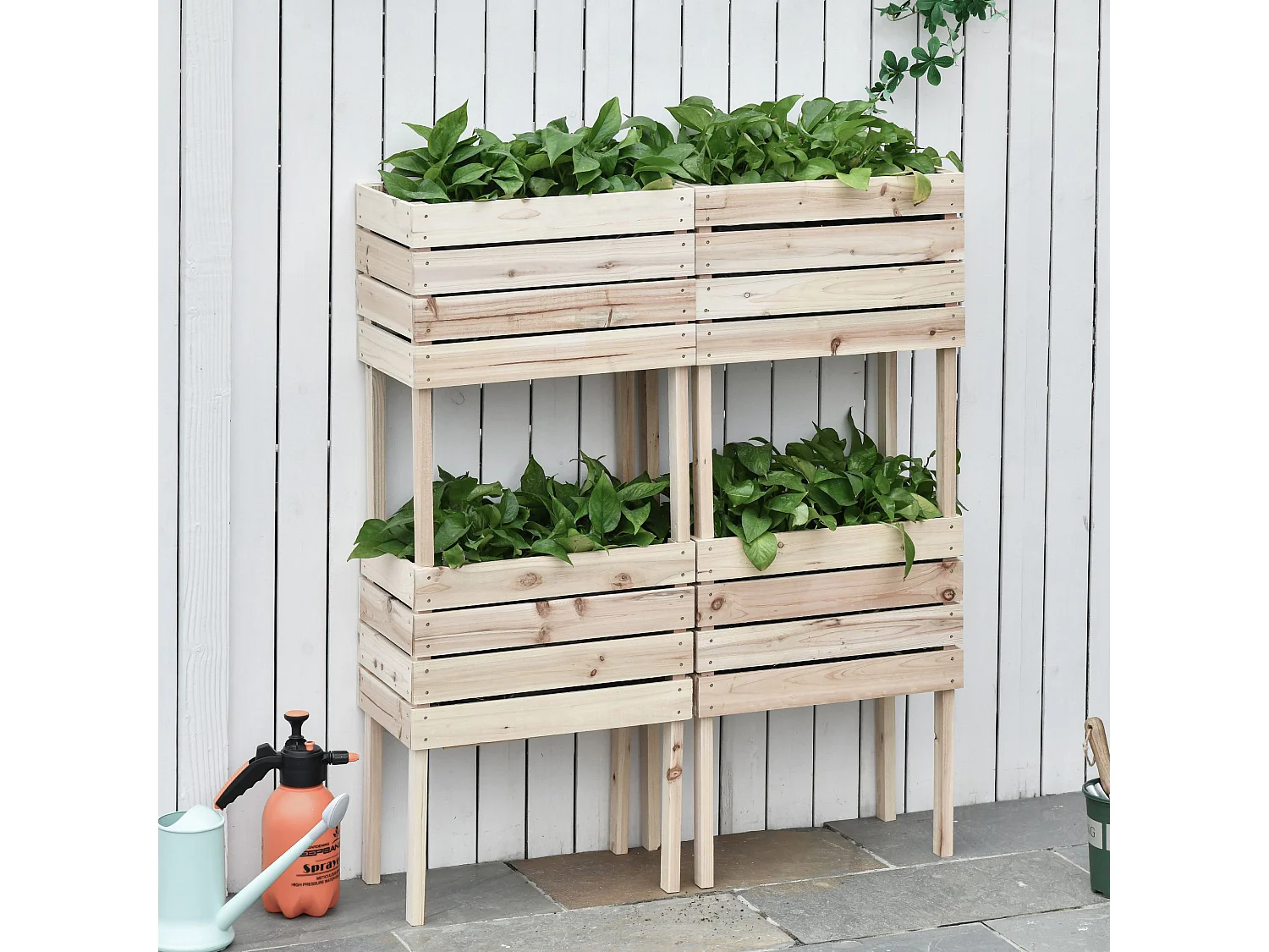 Fioriera da giardino in legno per orto con 4 vasi portapiante